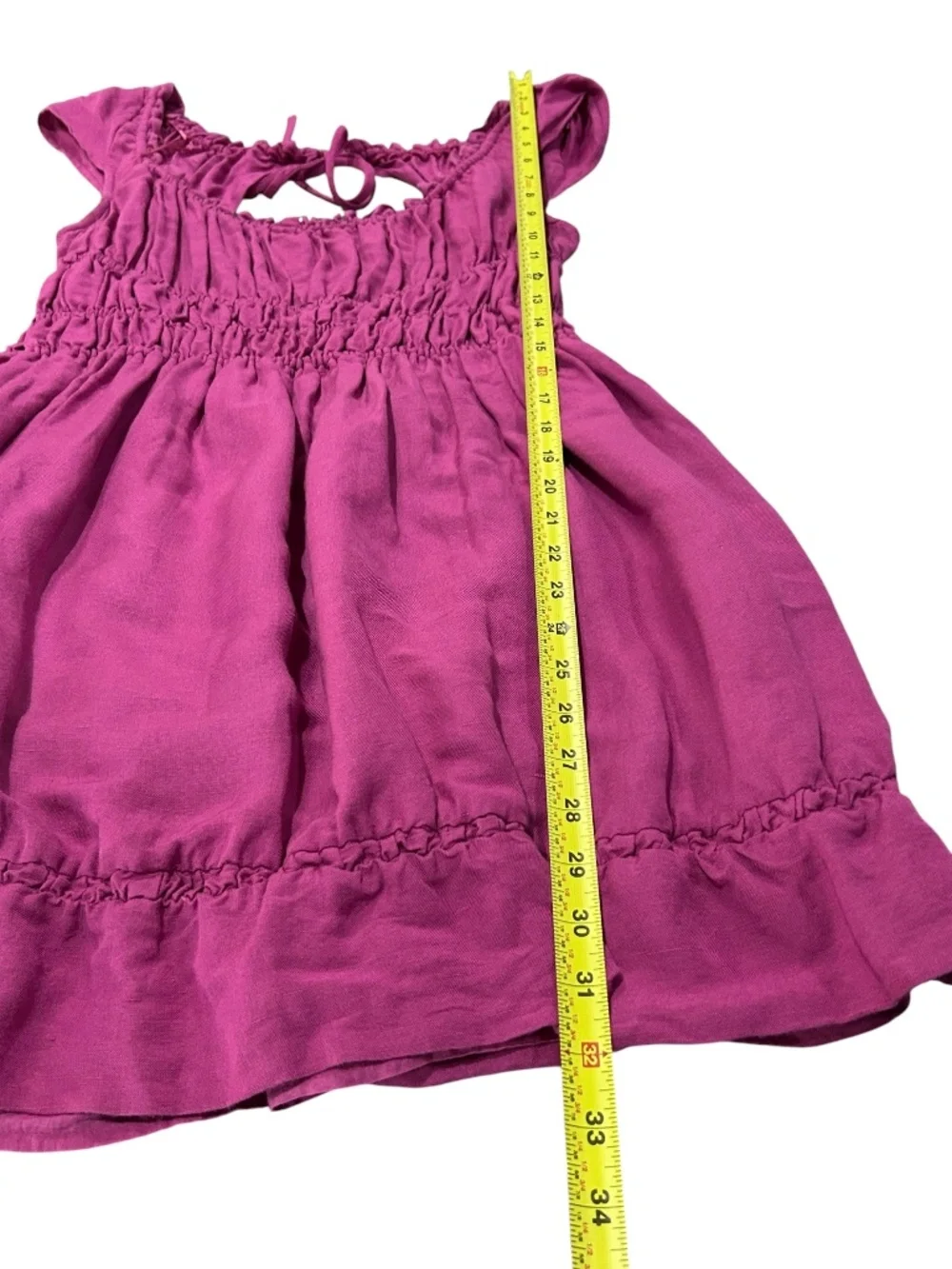 Anthropologie Raspberry Linen Smocked Waist Mini Dress Open Back Tie Size Small